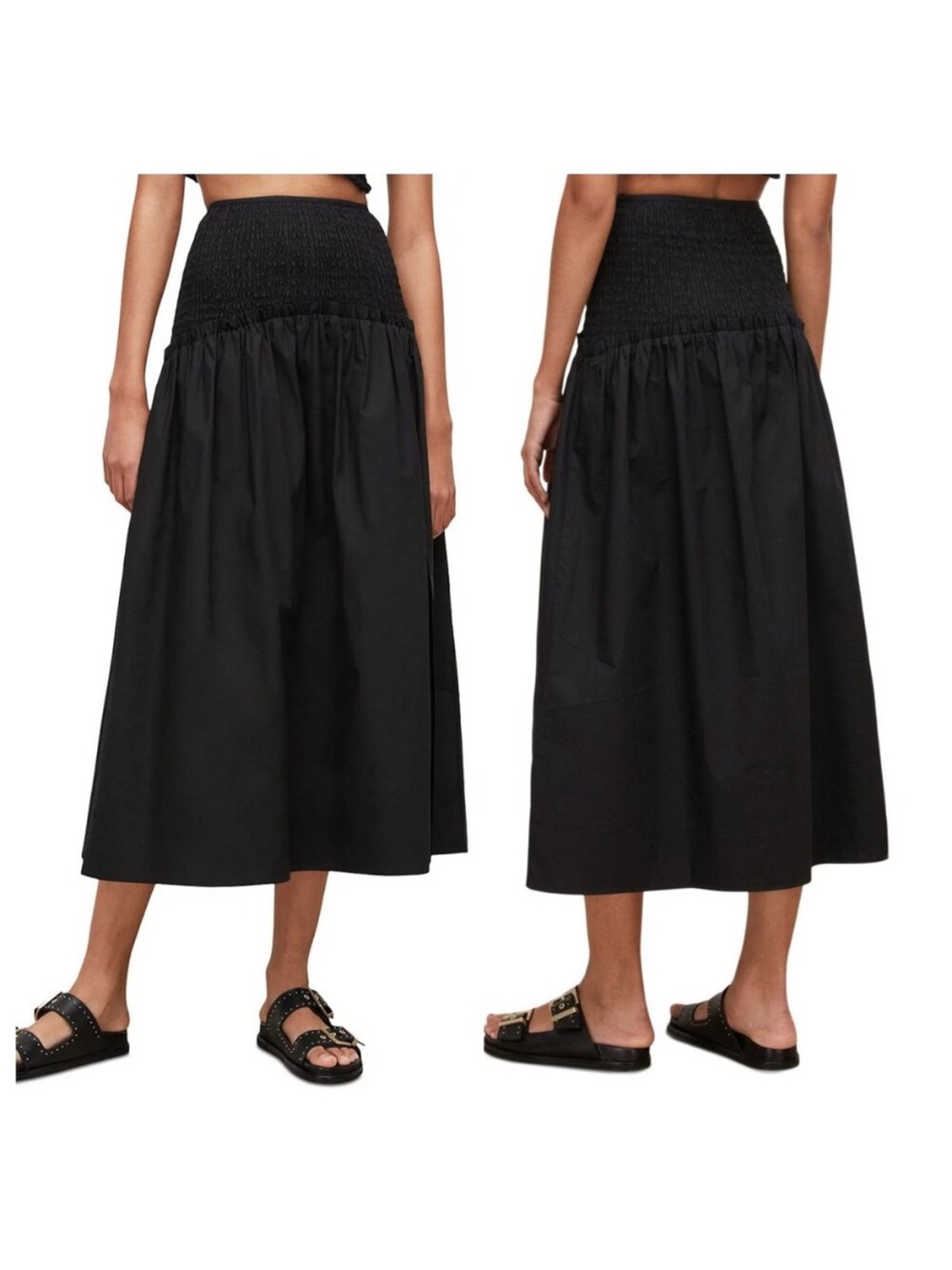 Allsaints Alex Smocked Waist Cotton Poplin Midi Skirt